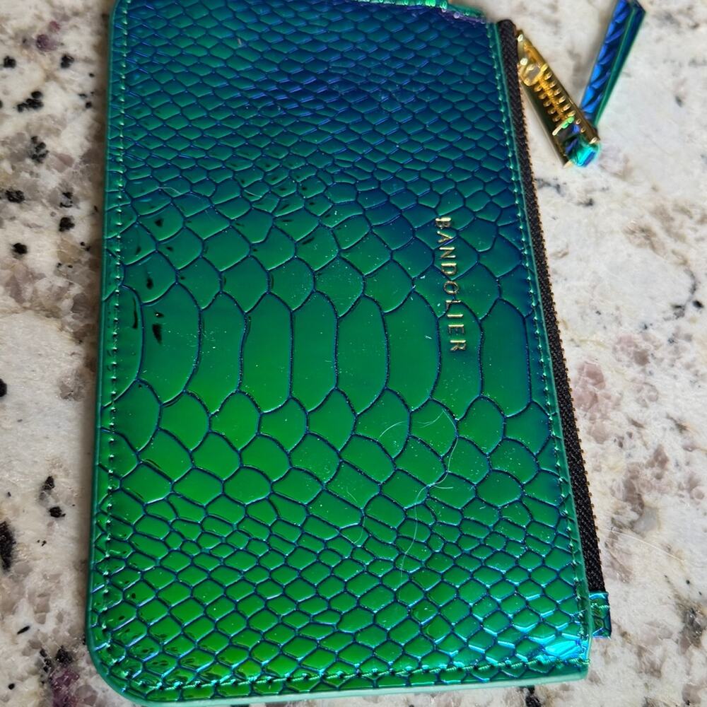 BANDOLIER iridescent green snake print wallet clutch